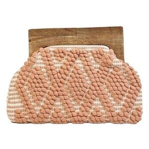 Fabulous MJ NEW YORK Wooden handle Frame Boho Clutch Bag IN LT BRWN